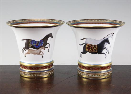 A pair of Hermes Cheval dOrient pattern bell shaped vases, height 13.5cm, together with original boxes